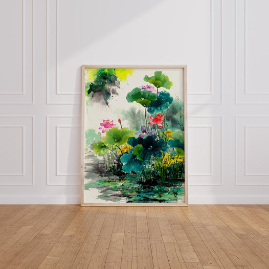 Poster Lotus chinois - Douceur aquarelle d'un étang en fleur — Vierge - living-room