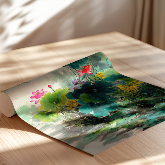 Poster Lotus chinois - Douceur aquarelle d'un étang en fleur — Vierge - poster-enroullé