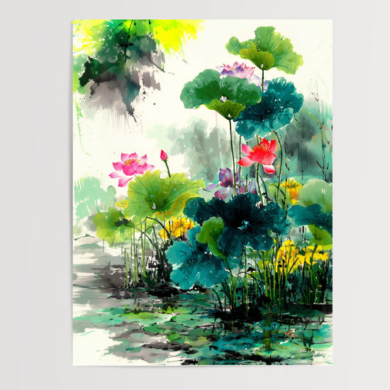 Poster Lotus chinois - Douceur aquarelle d'un étang en fleur — Vierge - poster-presentation-produit