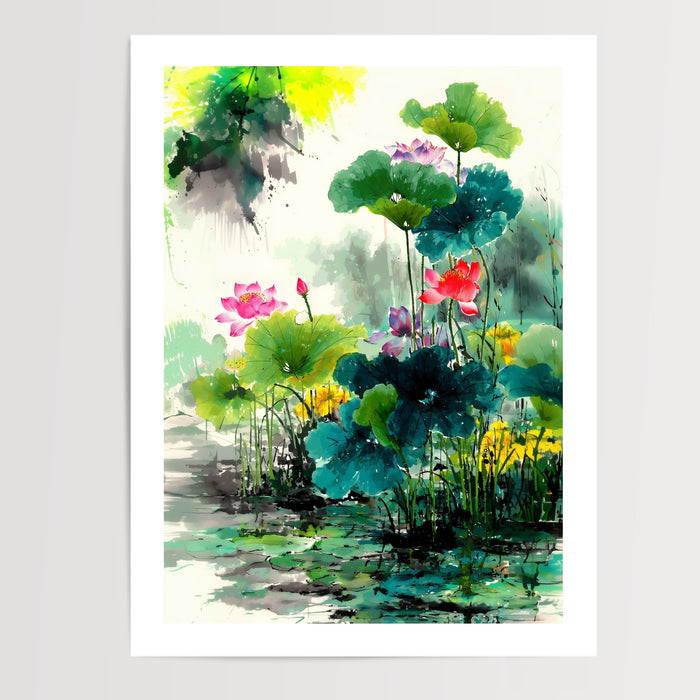 Poster Lotus chinois - Douceur aquarelle d'un étang en fleur — Vierge - poster-presentation-produit — passe-partout blanc