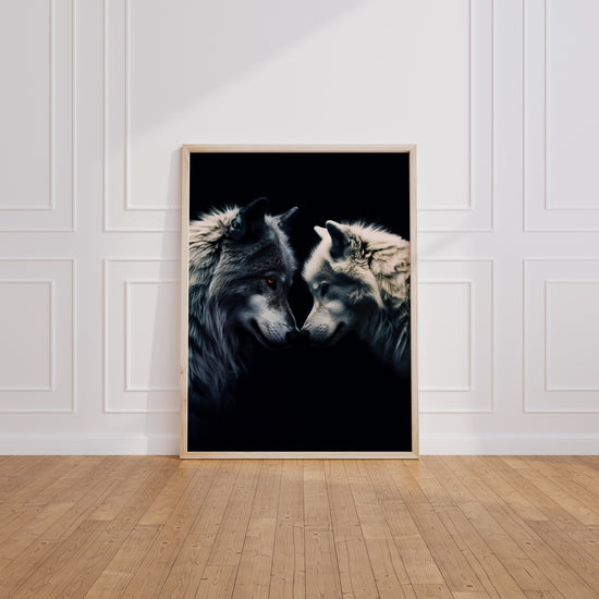 Poster Loups noir et blanc - Deux âmes unies par un regard — Vierge - living-room