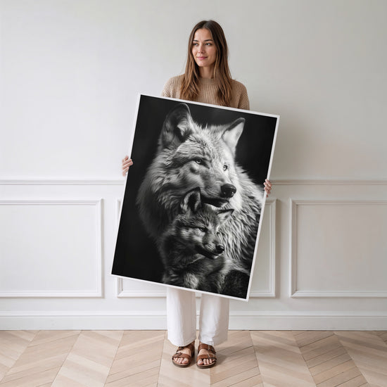 Poster Louve et louveteau - Tendresse sauvage en noir et blanc — Vierge - poster-femme-debout