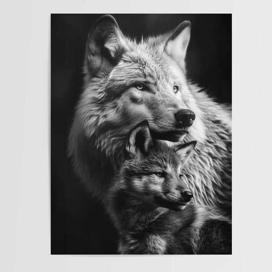 Poster Louve et louveteau - Tendresse sauvage en noir et blanc — Vierge - poster-presentation-produit
