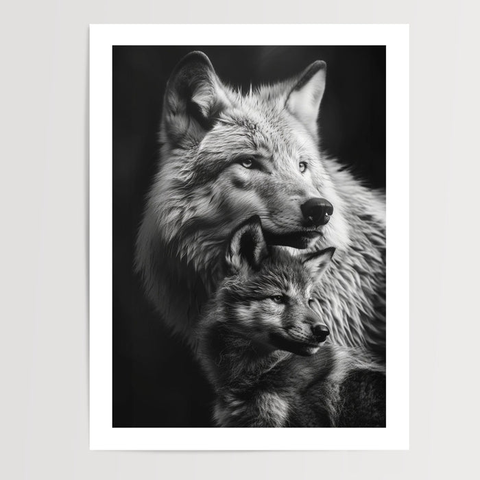 Poster Louve et louveteau - Tendresse sauvage en noir et blanc — Vierge - poster-presentation-produit — passe-partout blanc