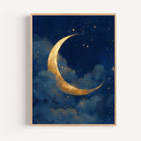 Poster Lune dorée - Douceur nocturne bleu et or pour chambre d'enfant