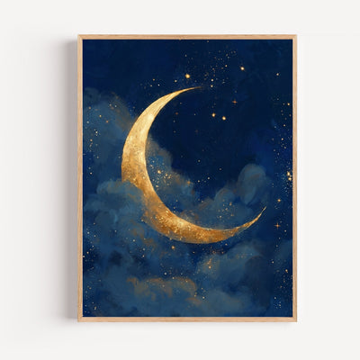 Poster Lune dorée - Douceur nocturne bleu et or pour chambre d'enfant