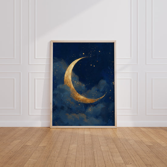 Poster Lune dorée - Douceur nocturne bleu et or pour chambre d'enfant — Vierge - living-room