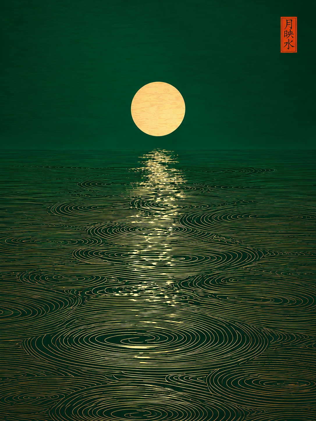 Poster Lune dorée sur mer émeraude - Quiétude zen et calligraphie orientale