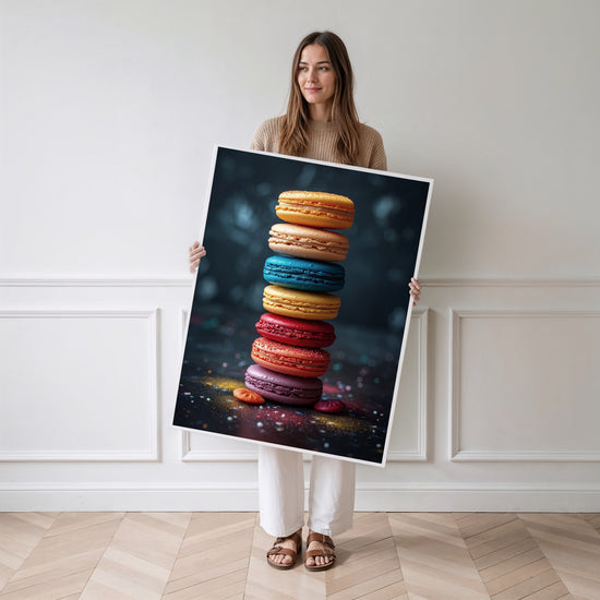 Poster Macarons arc-en-ciel - Douceurs colorées pour une cuisine joyeuse — Vierge - poster-femme-debout