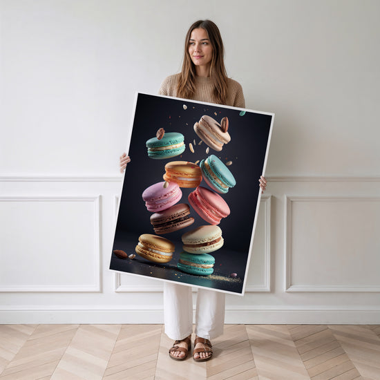 Poster Macarons colorés - Douceur gourmande en cascade — Vierge - poster-femme-debout