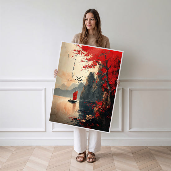 Poster Montagnes du Japon - Fleuve paisible et sérénité zen — Vierge - poster-femme-debout