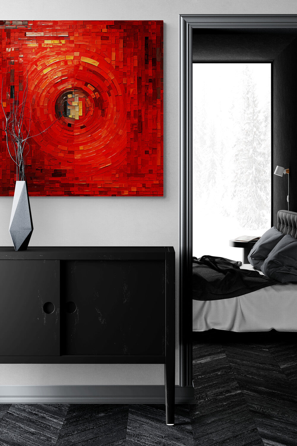 commode noire, vase décoratif, mur blanc, entrée de chambre parentale, poster décoratif abstrait rouge.