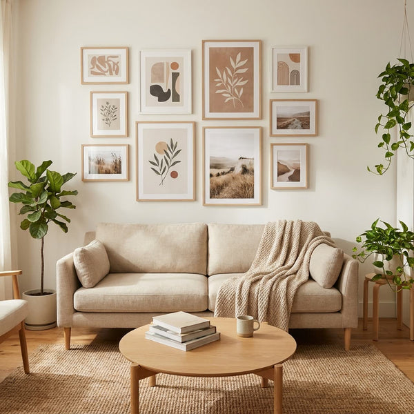 Mur-galerie d'affiches encadrées au-dessus d'un canapé dans un salon moderne et chaleureux