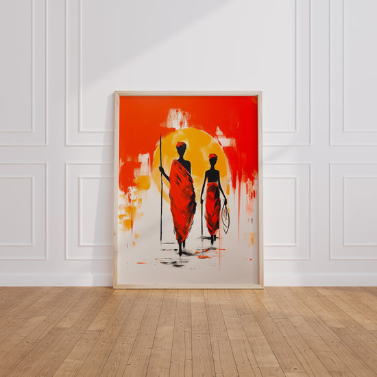 Poster mural Afrique - Silhouettes au soleil levant et couleurs de terre — Vierge - living-room