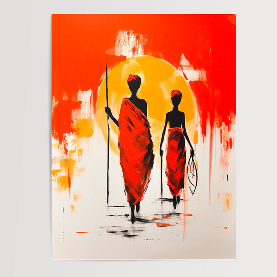 Poster mural Afrique - Silhouettes au soleil levant et couleurs de terre — Vierge - poster-presentation-produit