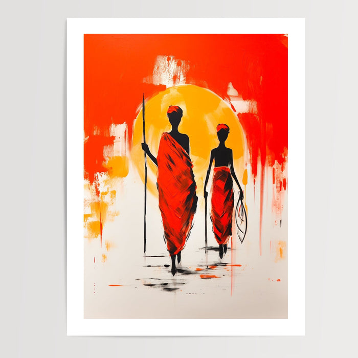 Poster mural Afrique - Silhouettes au soleil levant et couleurs de terre — Vierge - poster-presentation-produit — passe-partout blanc