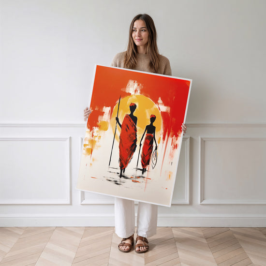 Poster mural Afrique - Silhouettes au soleil levant et couleurs de terre — Vierge - poster-femme-debout