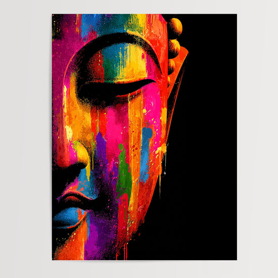 Poster mural Bouddha - Visage serein aux couleurs flamboyantes — Vierge - poster-presentation-produit