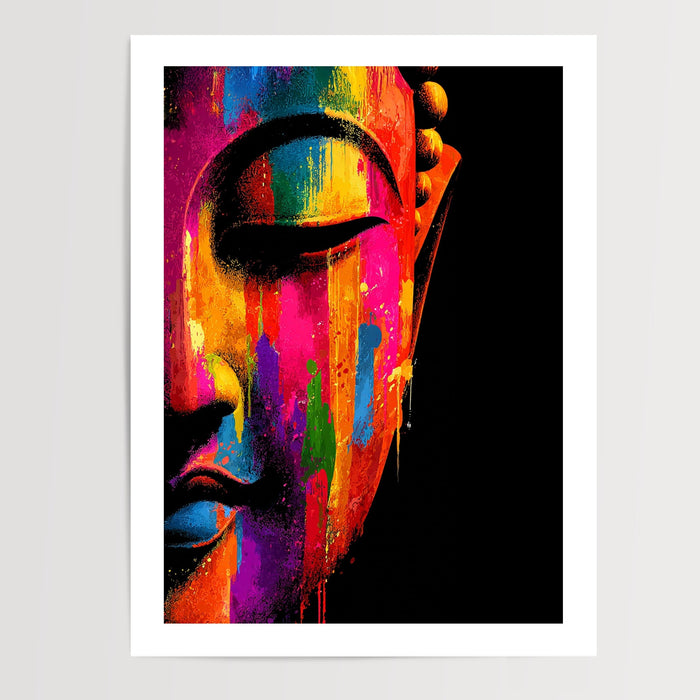 Poster mural Bouddha - Visage serein aux couleurs flamboyantes — Vierge - poster-presentation-produit — passe-partout blanc