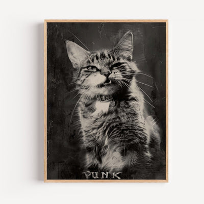 Vintage Punk Cat Wall Art – black and white punk cat print