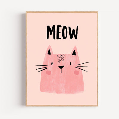 Pink Cat Wall Art for Kids Room – Gentle “Meow” Illustration