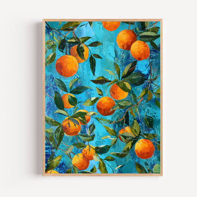 Orange Poster Print on Deep Mediterranean Blue – Citrus Wall Art