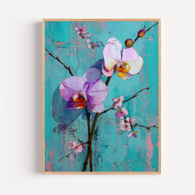 Wandposter Paarse orchideeën – Bloemenelegantie op turquoise achtergrond