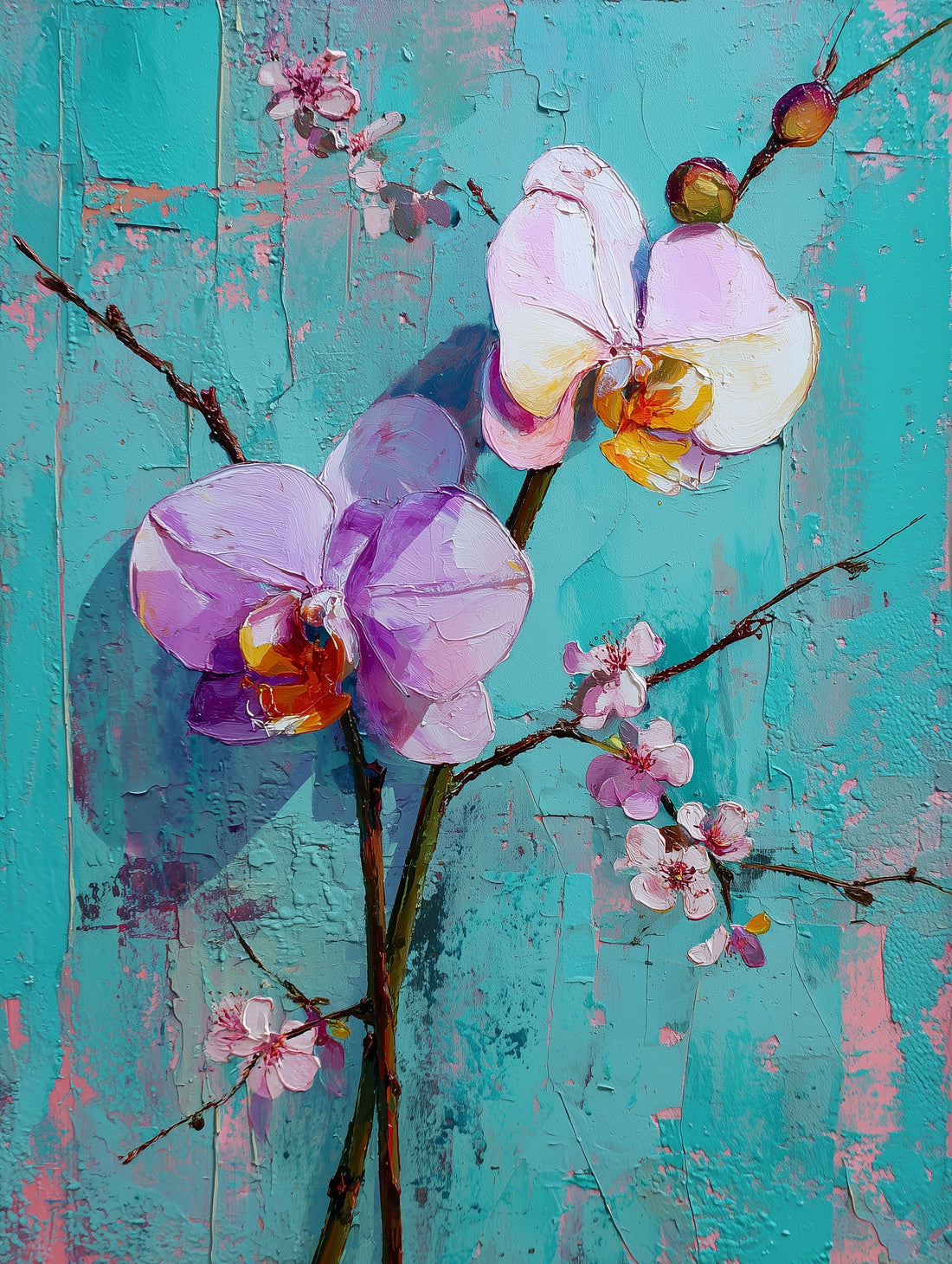 Poster mural Orchidées violettes - Élégance fleurie sur fond turquoise