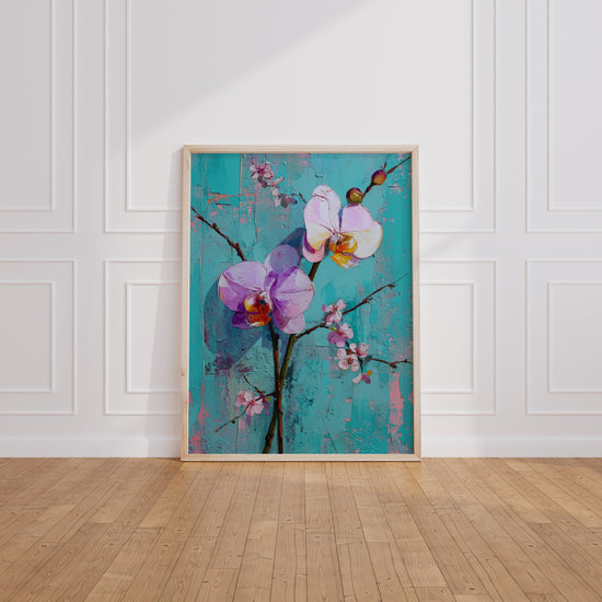 Poster mural Orchidées violettes - Élégance fleurie sur fond turquoise — Vierge - living-room