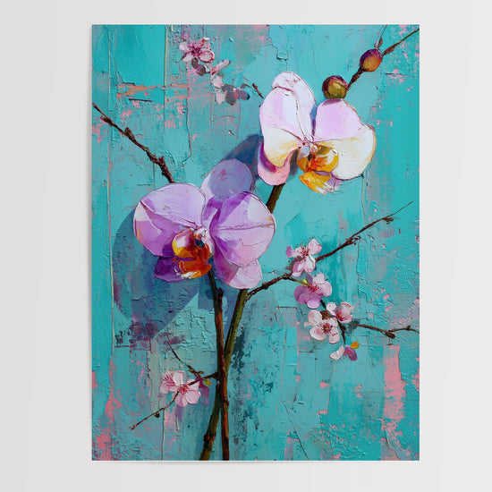 Poster mural Orchidées violettes - Élégance fleurie sur fond turquoise — Vierge - poster-presentation-produit