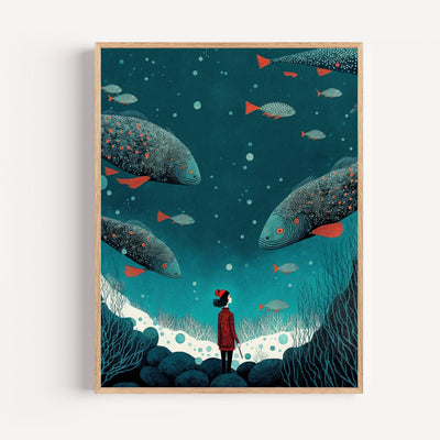 Póster infantil Sueño marino - Pequeña exploradora en el fondo del océano