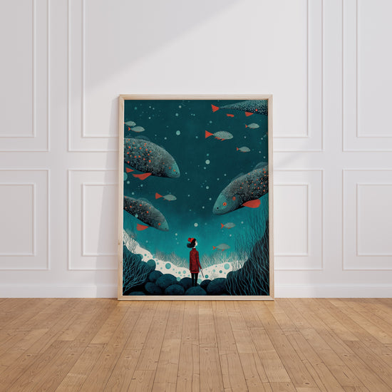 Poster mural Rêve marin - Petite exploratrice au fond de l'océan — Vierge - living-room