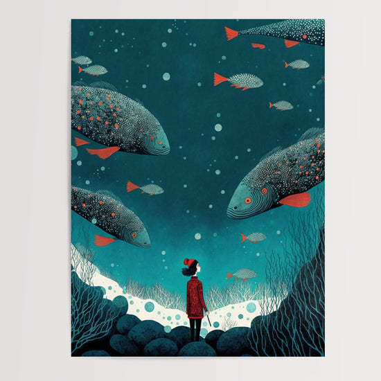 Poster mural Rêve marin - Petite exploratrice au fond de l'océan — Vierge - poster-presentation-produit