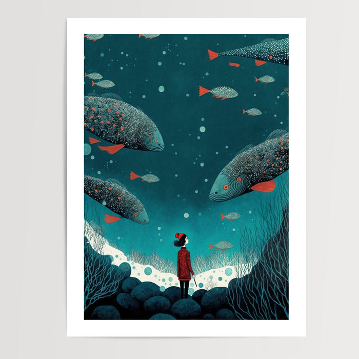 Poster mural Rêve marin - Petite exploratrice au fond de l'océan — Vierge - poster-presentation-produit — passe-partout blanc