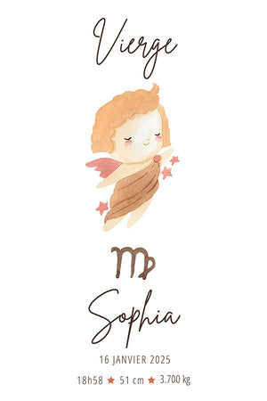 Close-up of the Virgo astrological sign illustration. A serene-faced angel floats gently, surrounded by pink stars. Below, the sign's symbol and the name "Sophia" are elegantly inscribed, followed by birth details. The soft tones and watercolor style create a soothing ambiance, ideal for nursery decor.