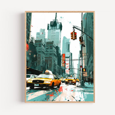 NYC wall art poster – colorful New York with yellow cabs and skyscrapers