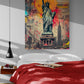 chambre parentale, grand lit double, draps rouge, table de chevet murale, lumière en suspension, grand poster New York street art.