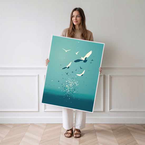 Poster Océan et oiseaux - L'appel du large et du ciel bleu — Vierge - poster-femme-debout