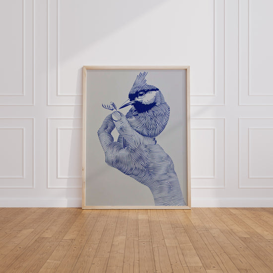 Poster Oiseau et Main - Douceur bleue et lien avec la nature — Vierge - living-room