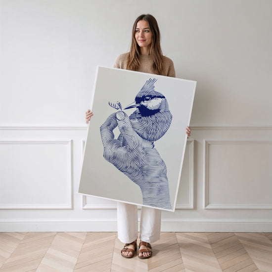 Poster Oiseau et Main - Douceur bleue et lien avec la nature — Vierge - poster-femme-debout