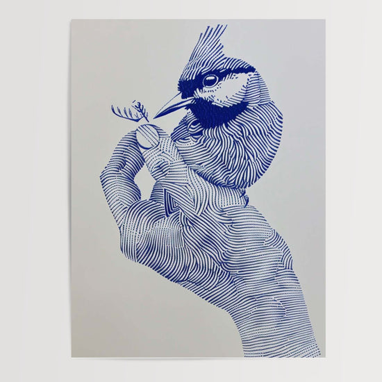 Poster Oiseau et Main - Douceur bleue et lien avec la nature — Vierge - poster-presentation-produit