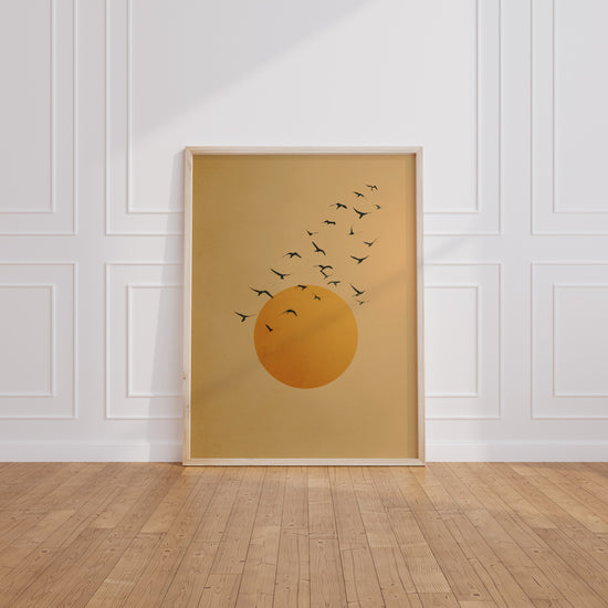 Poster Oiseaux au crépuscule - Envol doré dans la lumière du soir — Vierge - living-room