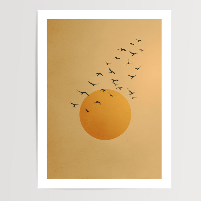 Poster Oiseaux au crépuscule - Envol doré dans la lumière du soir — Vierge - poster-presentation-produit — passe-partout blanc