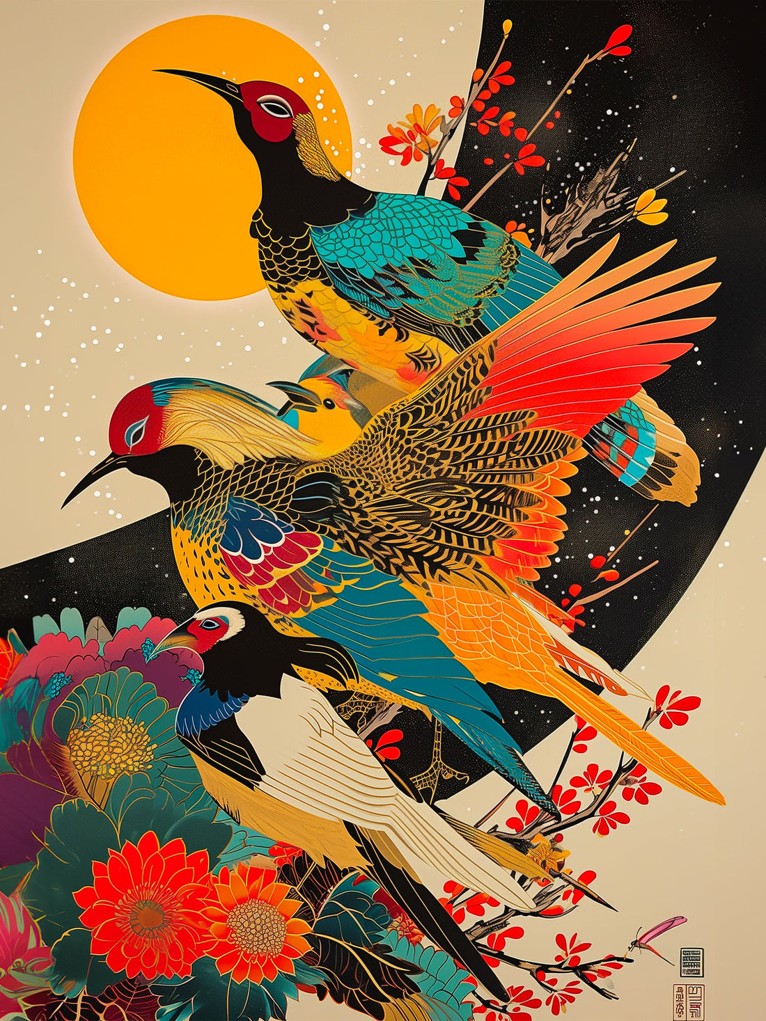 Poster Oiseaux japonais - Estampe colorée et douceur zen
