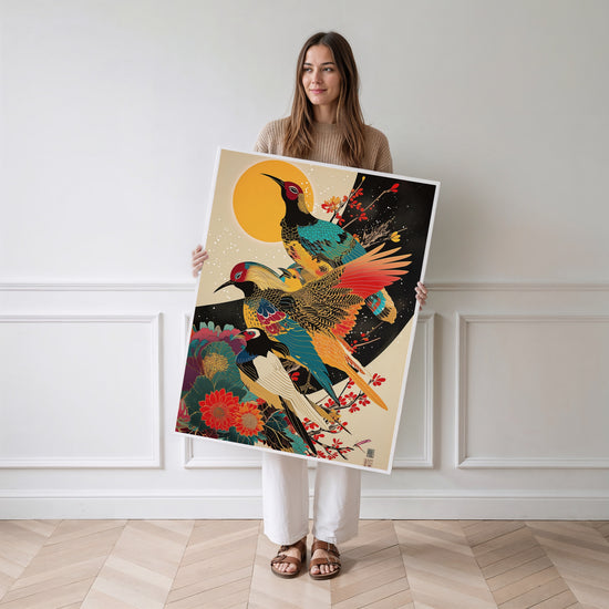 Poster Oiseaux japonais - Estampe colorée et douceur zen — Vierge - poster-femme-debout
