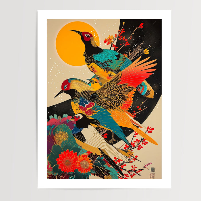 Poster Oiseaux japonais - Estampe colorée et douceur zen — Vierge - poster-presentation-produit — passe-partout blanc