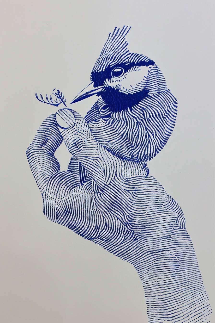 Tableau Oiseau et Main - Sérénité bleue