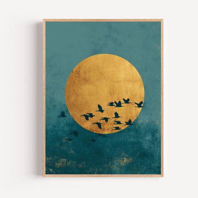 Póster zen de pájaros - Vuelo sereno sobre un sol dorado y un cielo turquesa