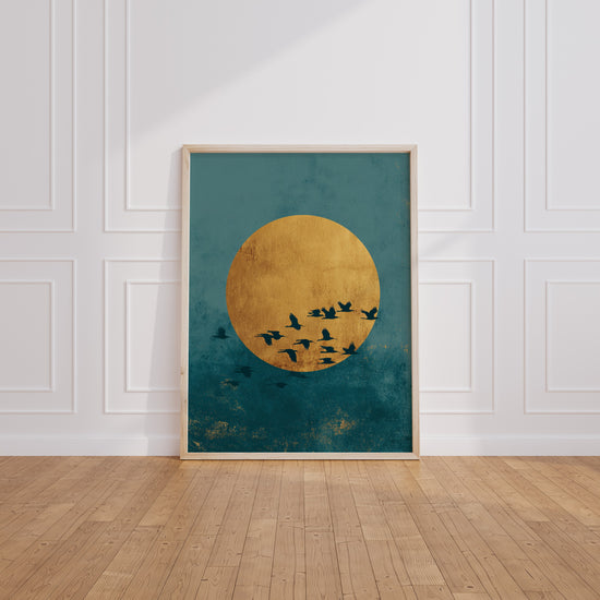 Poster Oiseaux zen - Envol serein sur un soleil doré et un ciel turquoise — Vierge - living-room