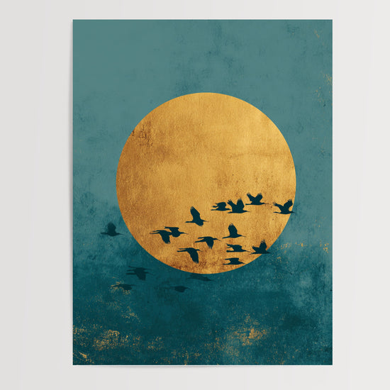 Poster Oiseaux zen - Envol serein sur un soleil doré et un ciel turquoise — Vierge - poster-presentation-produit